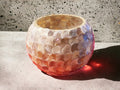 Handcrafted scalloped Capiz-style mosaic bowl with iridescent shell pieces, showcasing intricate design and shimmering surface.