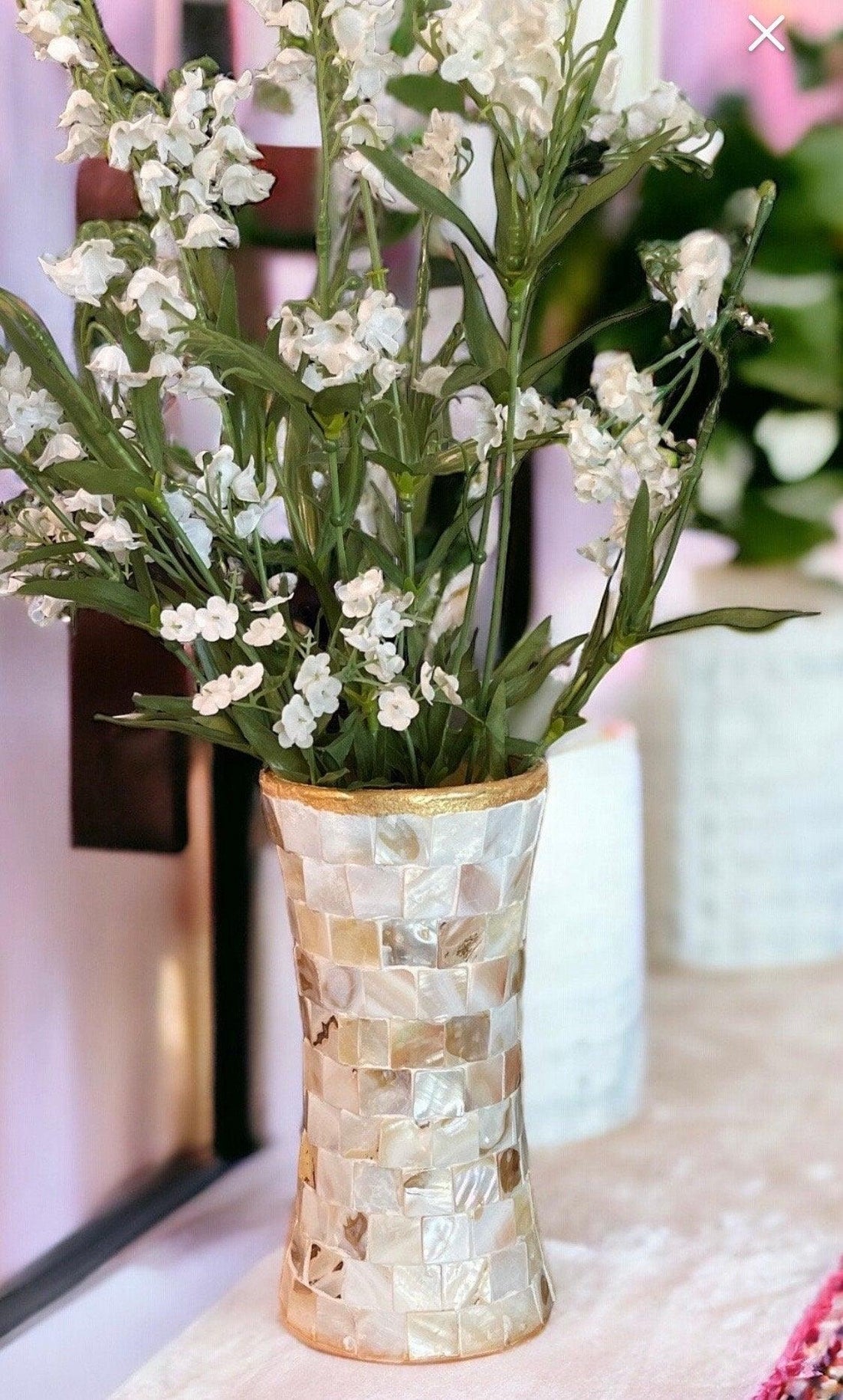 Golden Sand Mother of Pearl hourglass vase with intricate patterns, showcasing elegant craftsmanship and shimmering pearl accents.