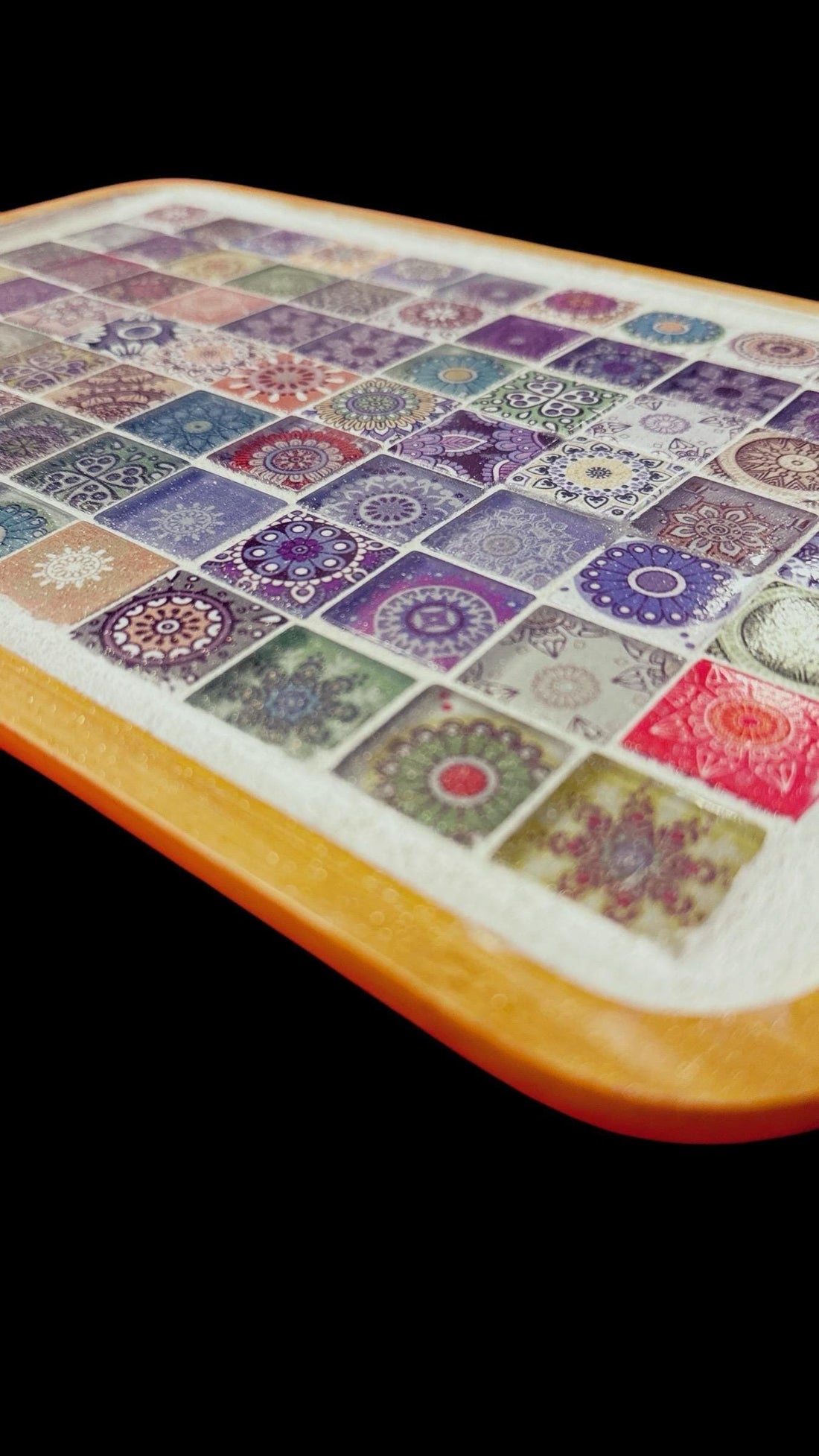Colorful handcrafted mandala mosaic serving tray with intricate patterns, perfect for serving or decorative display.