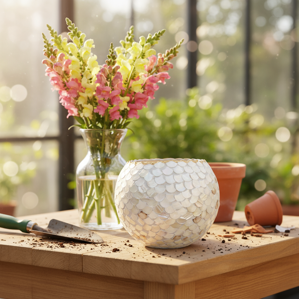 Iridescent white scalloped mosaic bowl with handcrafted design, showcasing intricate pattern and shimmering surface.