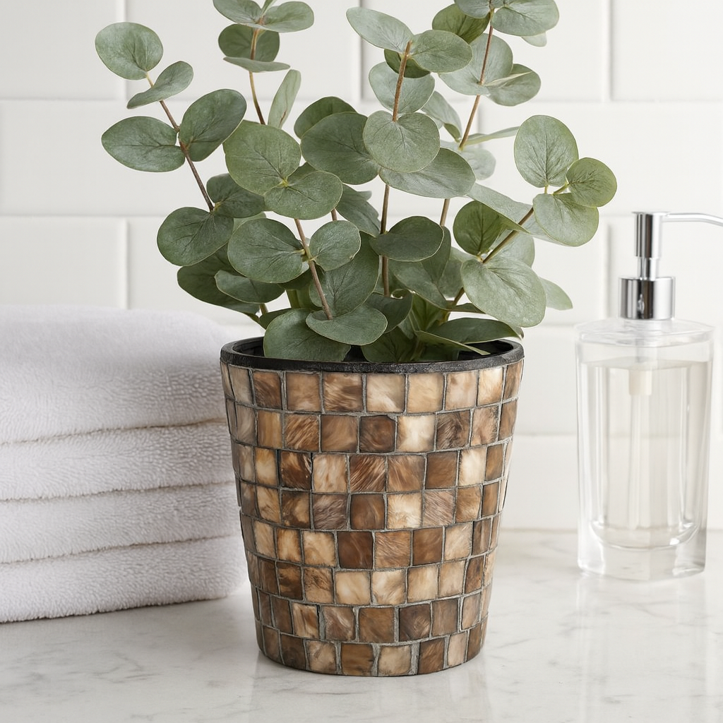 Mocha and cream mosaic Mother of Pearl planter by Miss Bette's Creations, showcasing intricate mosaic design and glossy surface.
