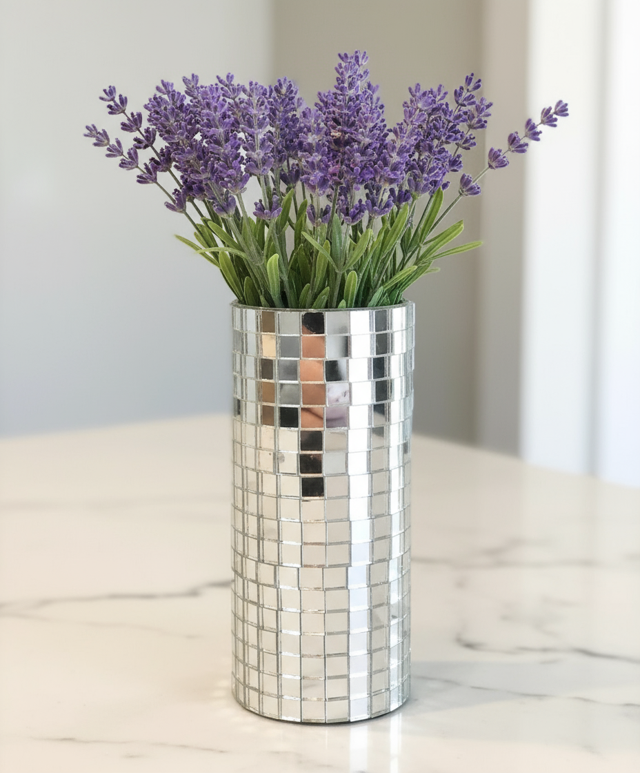 Silver mosaic mirror vase and candle holder with intricate mosaic design, decorative home accent from My Store.