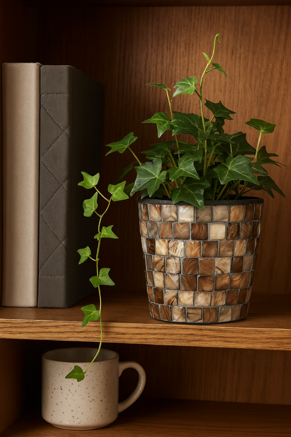 Mocha & cream mosaic mother of pearl planter by Miss Bette's Creations, featuring a decorative mosaic design and round shape.