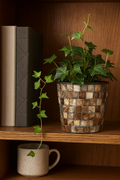 Mocha and cream mosaic mother of pearl planter by Miss Bette's Creations showcasing intricate tiled surface and stylish design.