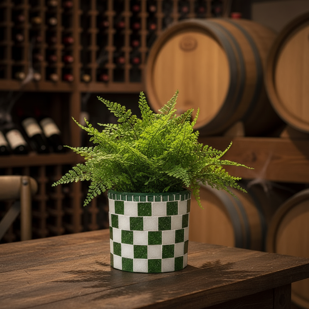 Modern green and white checkerboard mosaic herb planter with square design, perfect for indoor or outdoor herb gardening.