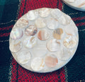 Handcrafted mother of pearl mosaic planter with intricate design, featuring a ceramic container decorated with shimmering shell pieces.