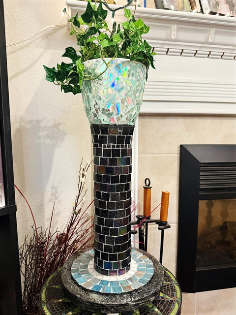 Tall Decorative Planter| Handmade | Black and Silver | Mosaic Planter | Plant Tower