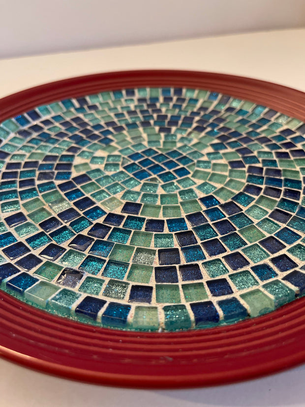 Turquoise Mosaic On Burnt Red Decorative Plate | Glass Wall Hanging