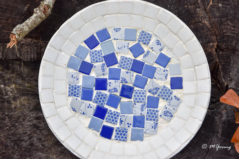White Rimmed Mosaic Wall Decor, Blue and White Decorative Plate, Mosaic Plate