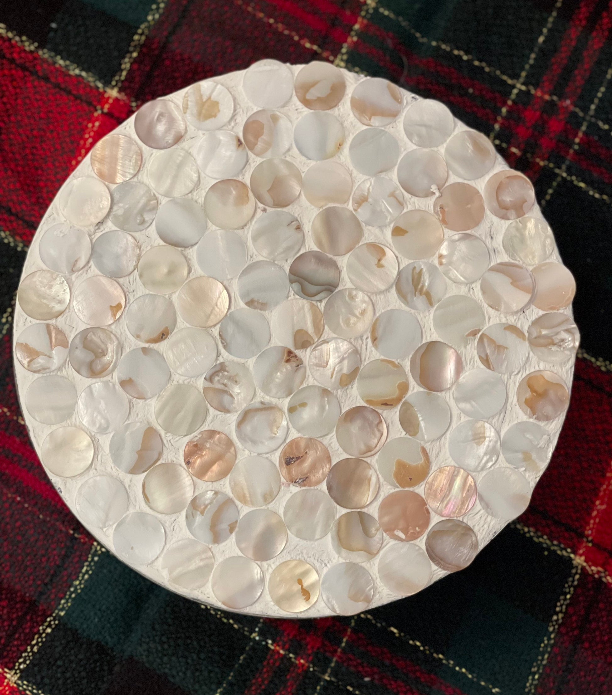 Handmade Mother of Pearl "Penny" mosaic decorative stand by Miss Bette's Creations, featuring intricate pearl inlay design.