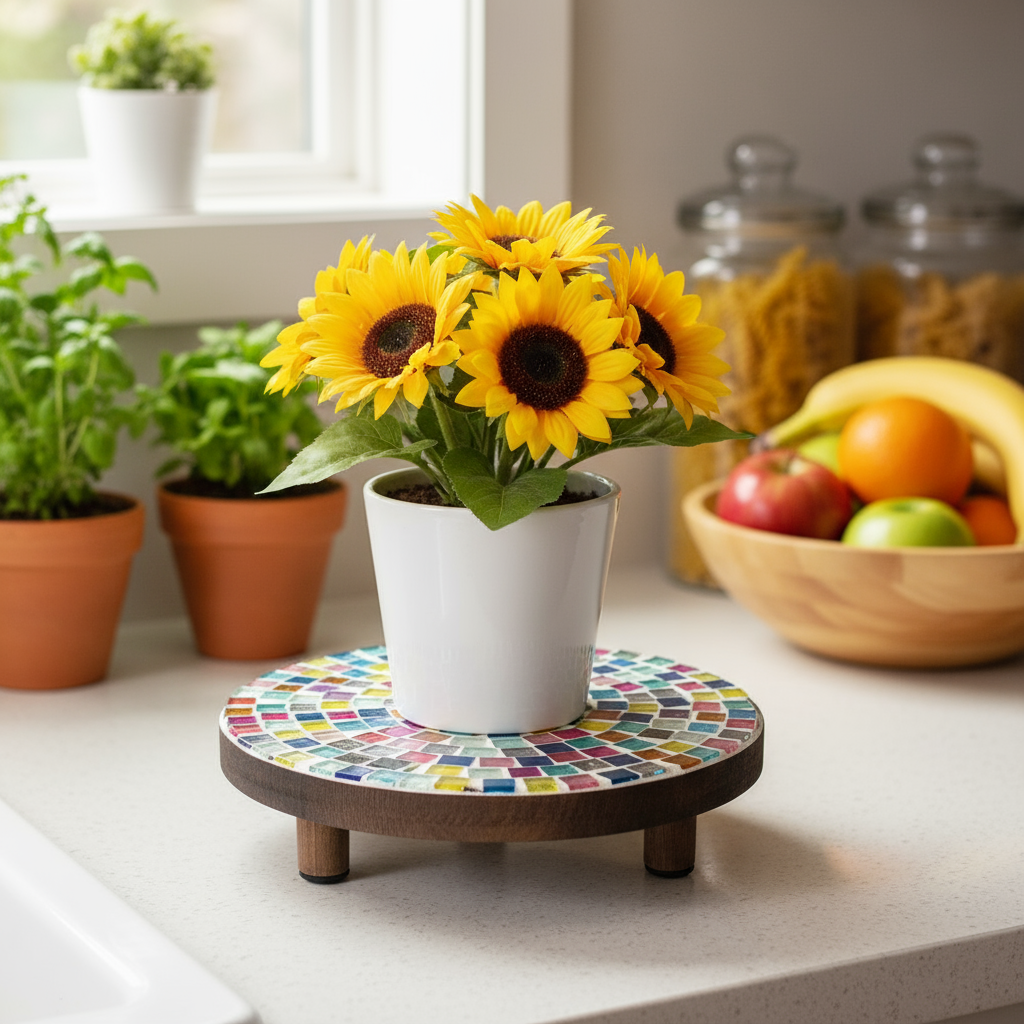 Colorful 10-inch handcrafted rainbow mosaic plant stand by Miss Bette's Creations with intricate tile patterns for indoor or outdoor use.