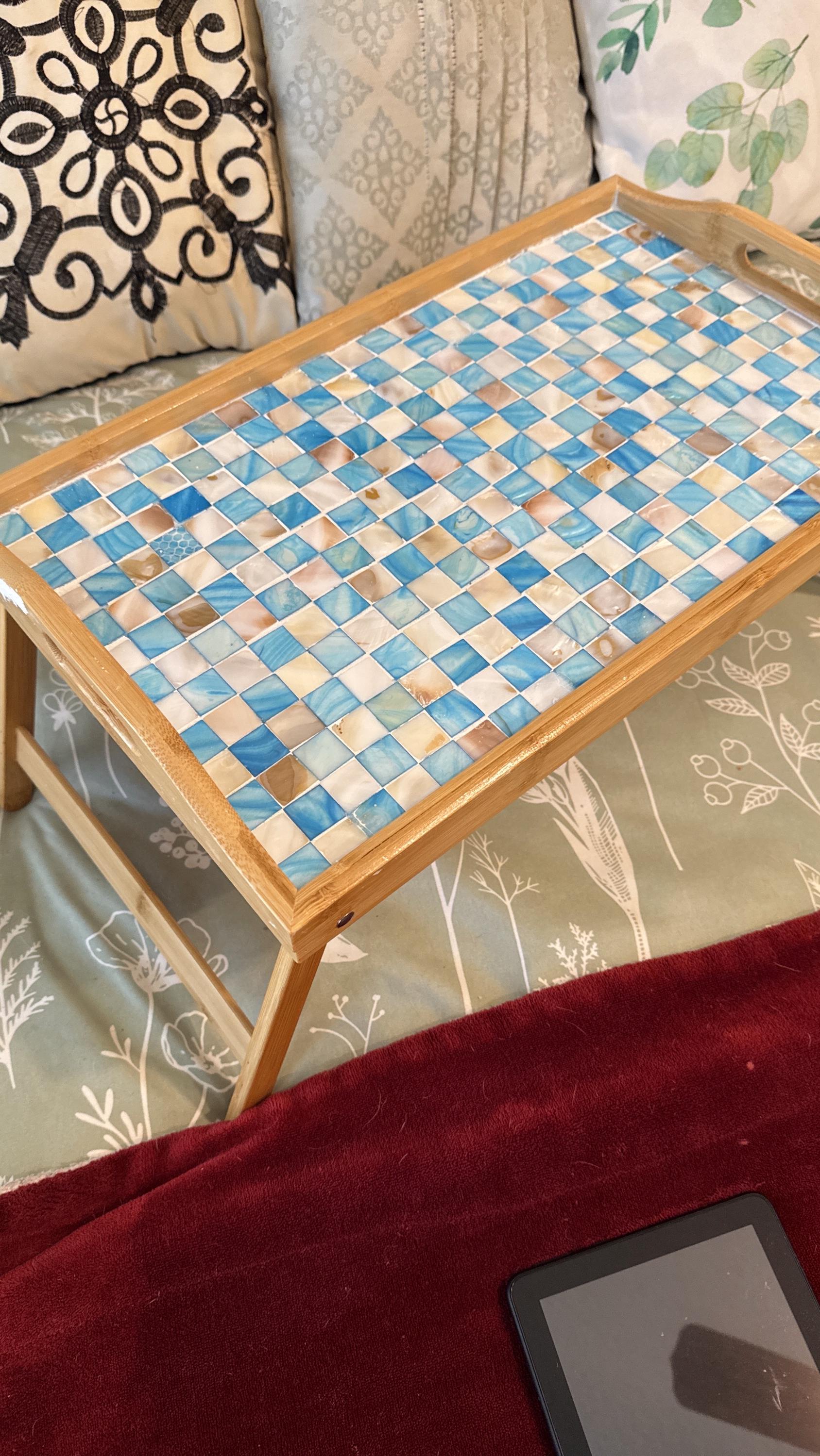 Luxury bamboo bed tray with mosaic inlay, featuring a natural finish and sturdy handles for serving breakfast or snacks in bed.