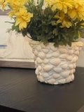 Handcrafted seashell mosaic plant pot featuring colorful seashells and a rustic ceramic base, perfect for indoor or outdoor decor.