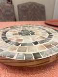 Handcrafted wooden mosaic plant stand with colorful tiled surface, sturdy legs, and decorative design by Miss Bette's Creations.