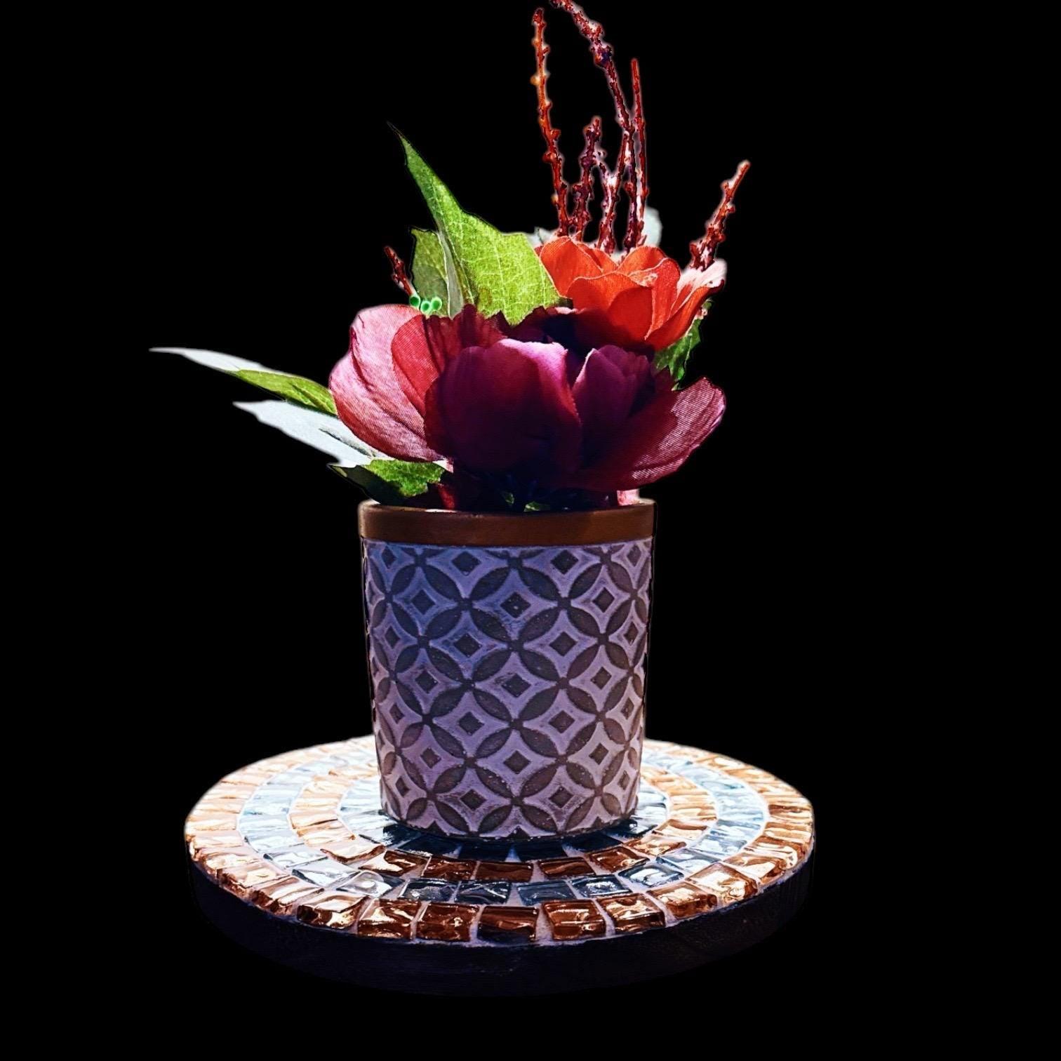Handcrafted metallic mosaic plant stand set featuring colorful, decorative stands perfect for indoor or outdoor plants.