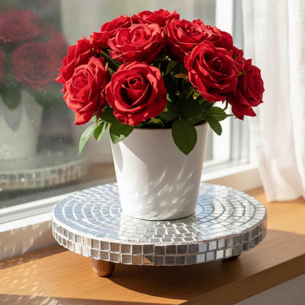 Reflective mirror mosaic pedestal stand by Miss Bette's Creations, featuring a decorative, shiny surface and sturdy base.