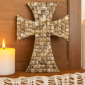 Mother of Pearl mosaic cross with intricate pearl inlay and detailed design, displayed on a neutral background.