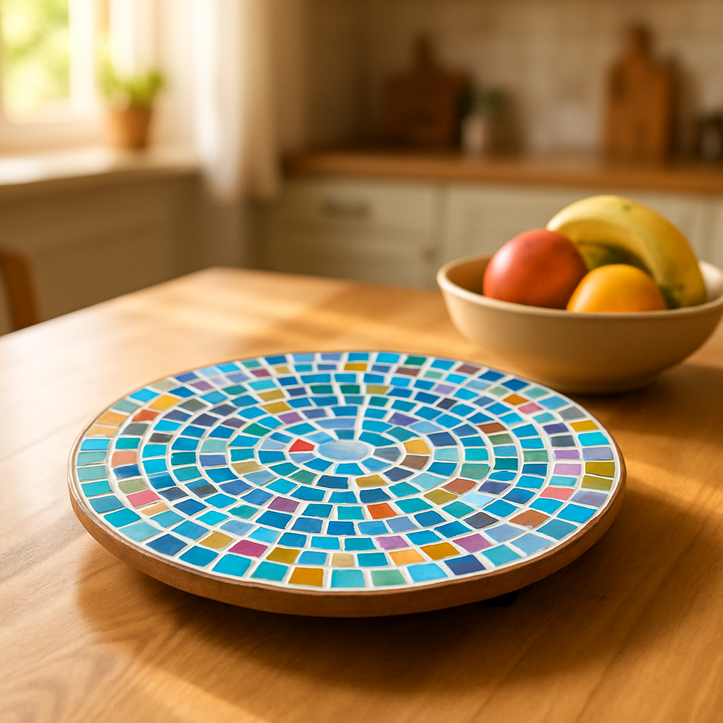 Colorful handcrafted round rainbow mosaic plant stand with multiple legs, perfect for displaying potted plants indoors or outdoors.