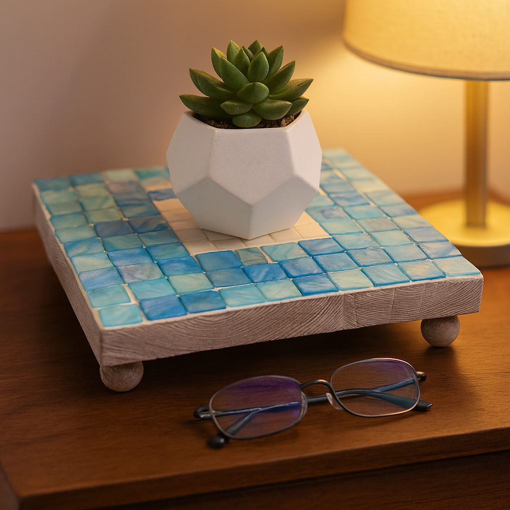 Handcrafted square turquoise mother of pearl plant stand with intricate design, perfect for displaying potted plants.