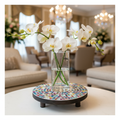 10-inch handcrafted rainbow mosaic plant stand by Miss Bette's Creations featuring colorful tile patterns and sturdy metal legs.