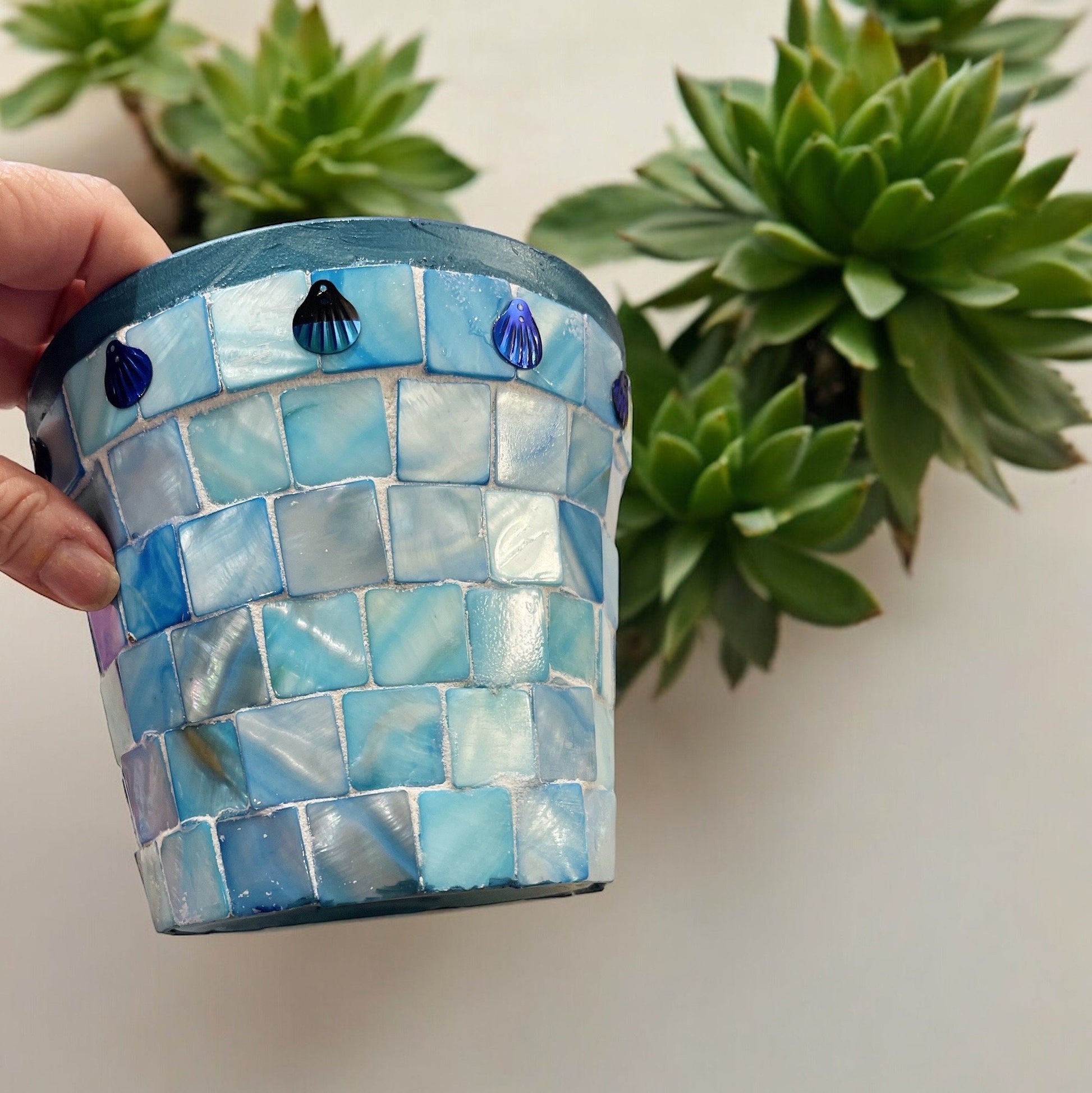 Artisan teal mosaic Mother of Pearl planter by Miss Bette's Creations with intricate mosaic design and glossy finish.