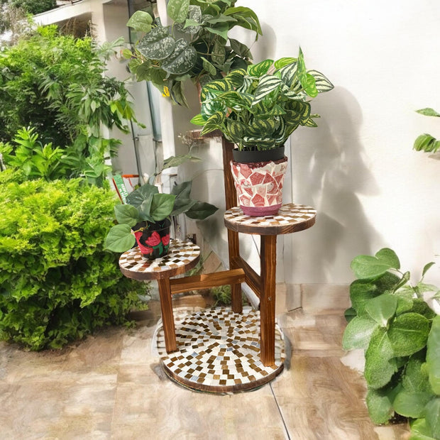 Three Tier Gold Plant Stand | Mosaic Stand | Mosaic Display Stand | Gold and White Stand| Tall Plant Shelf | Multi Plant Stand