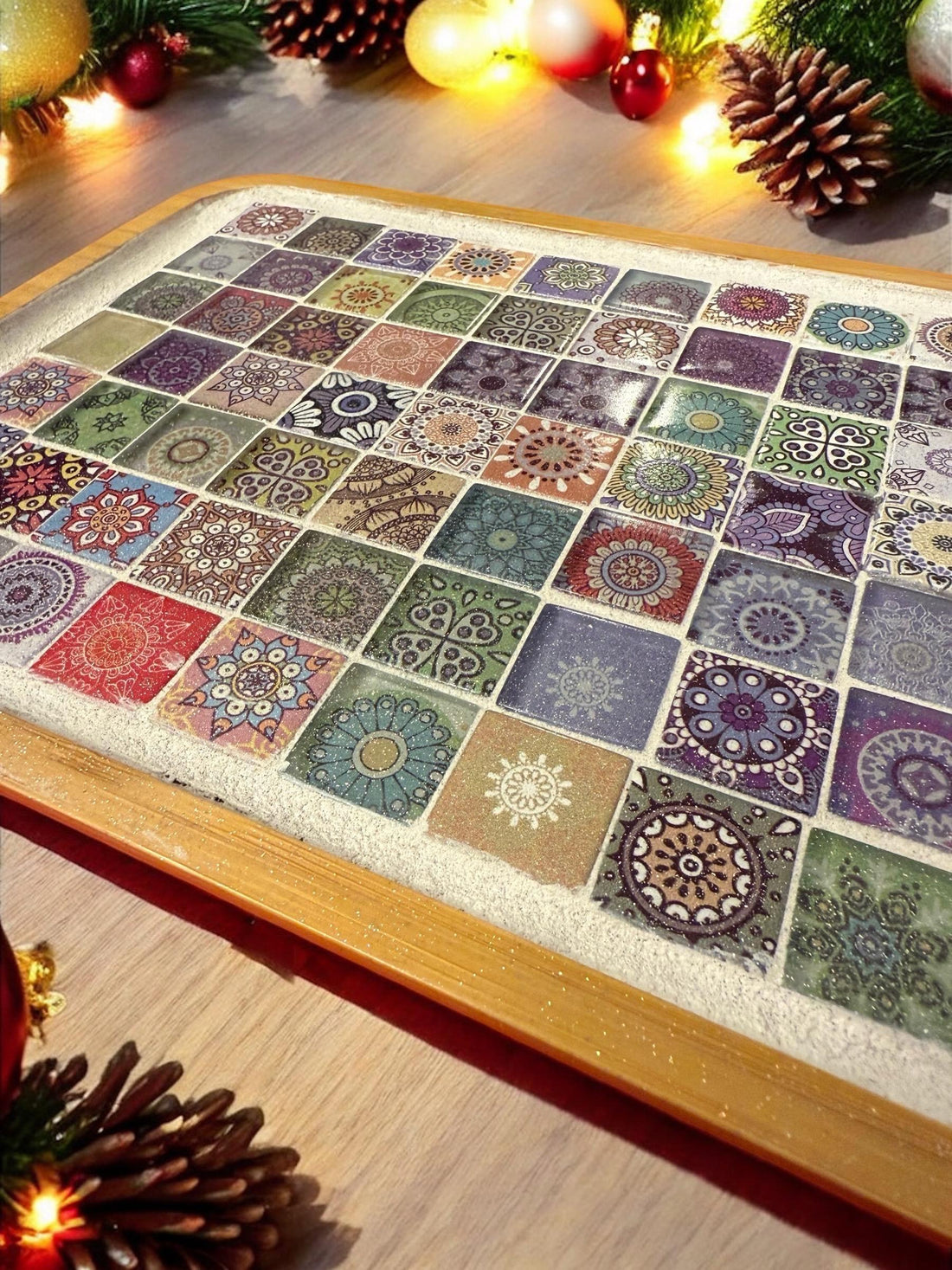 Colorful handcrafted mandala mosaic serving tray with intricate patterns, perfect for serving or decorative display.