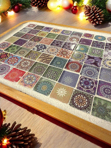 Colorful handcrafted mandala mosaic serving tray with intricate patterns, perfect for serving or decorative display.