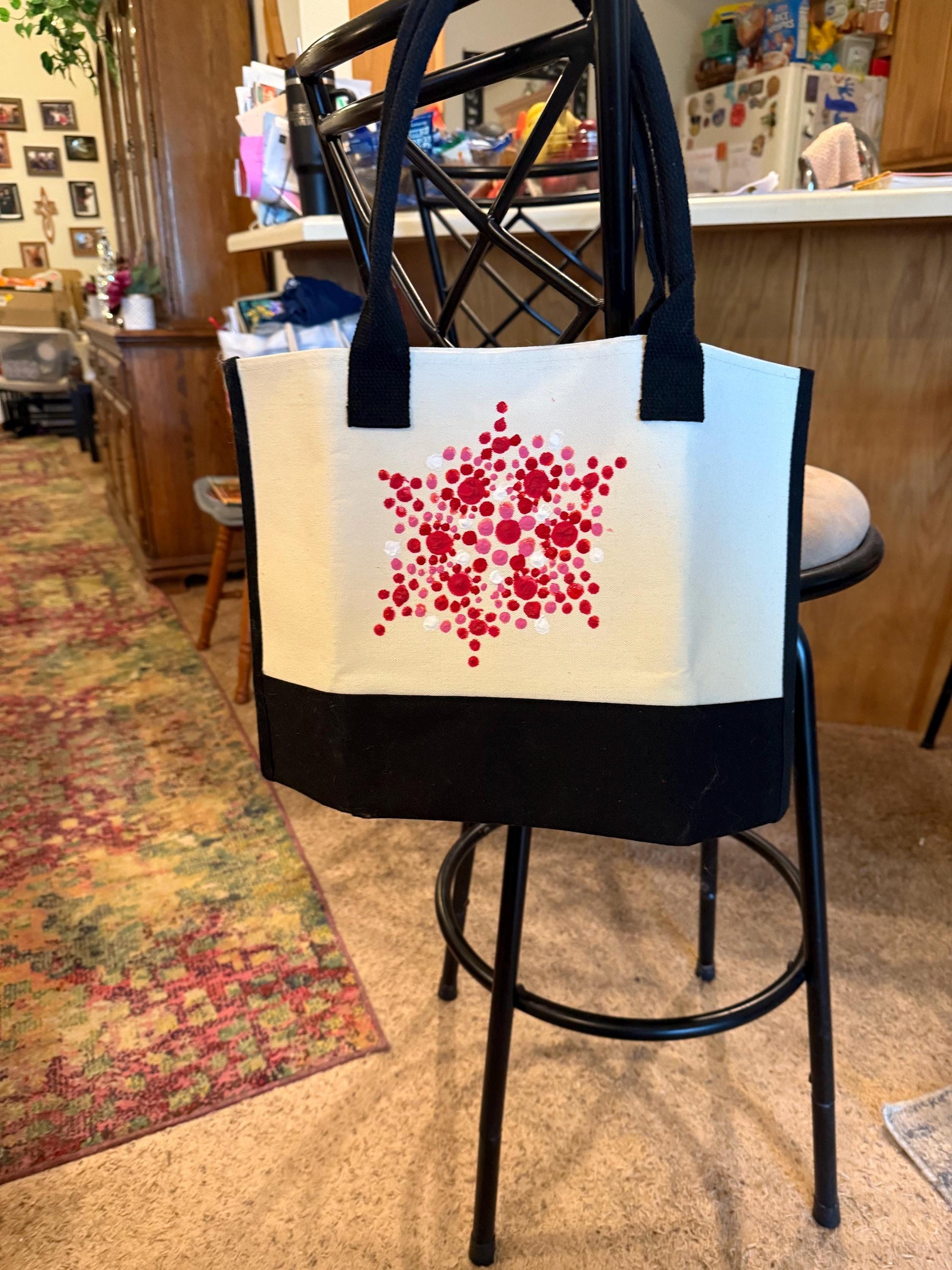 Hand-painted abstract floral canvas tote bag featuring colorful floral artwork, durable handles, perfect for everyday use.
