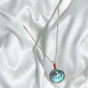 Teal Blue Crushed Glass and Silver Round Pendant Necklace