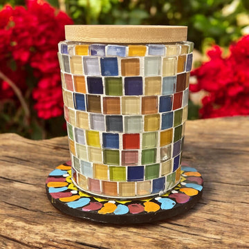 Artisan handcrafted mosaic glass jar with bamboo lid, featuring colorful glass mosaic design and natural bamboo accents.