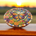 Butterfly crystal mosaic trivet and decorative display showcasing colorful glass tiles and intricate butterfly design.