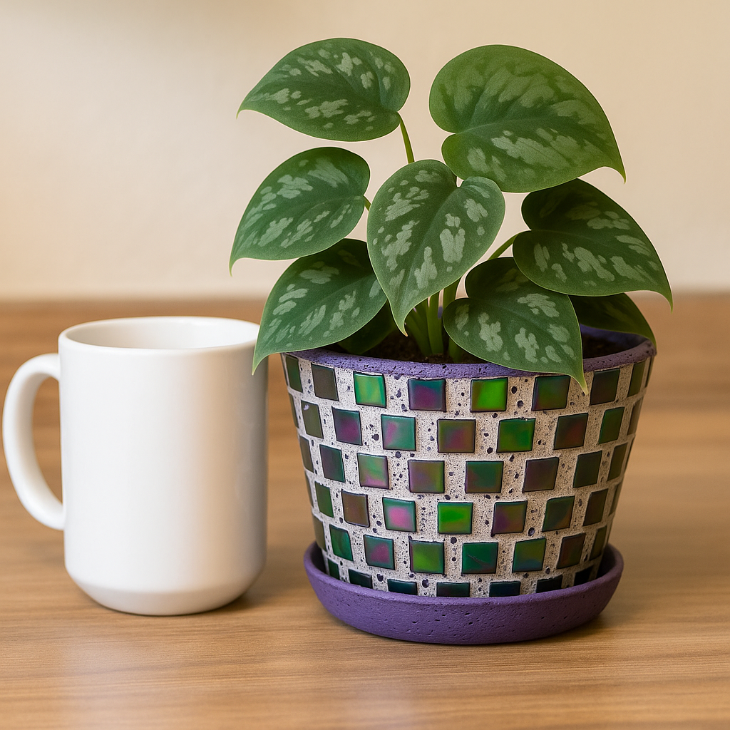 Colorful mosaic flower pot in purple and green with floral design, perfect for indoor or outdoor plants.