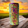 Prismatic rainbow mosaic cylindrical vase with colorful glass tiles, decorative home decor piece.