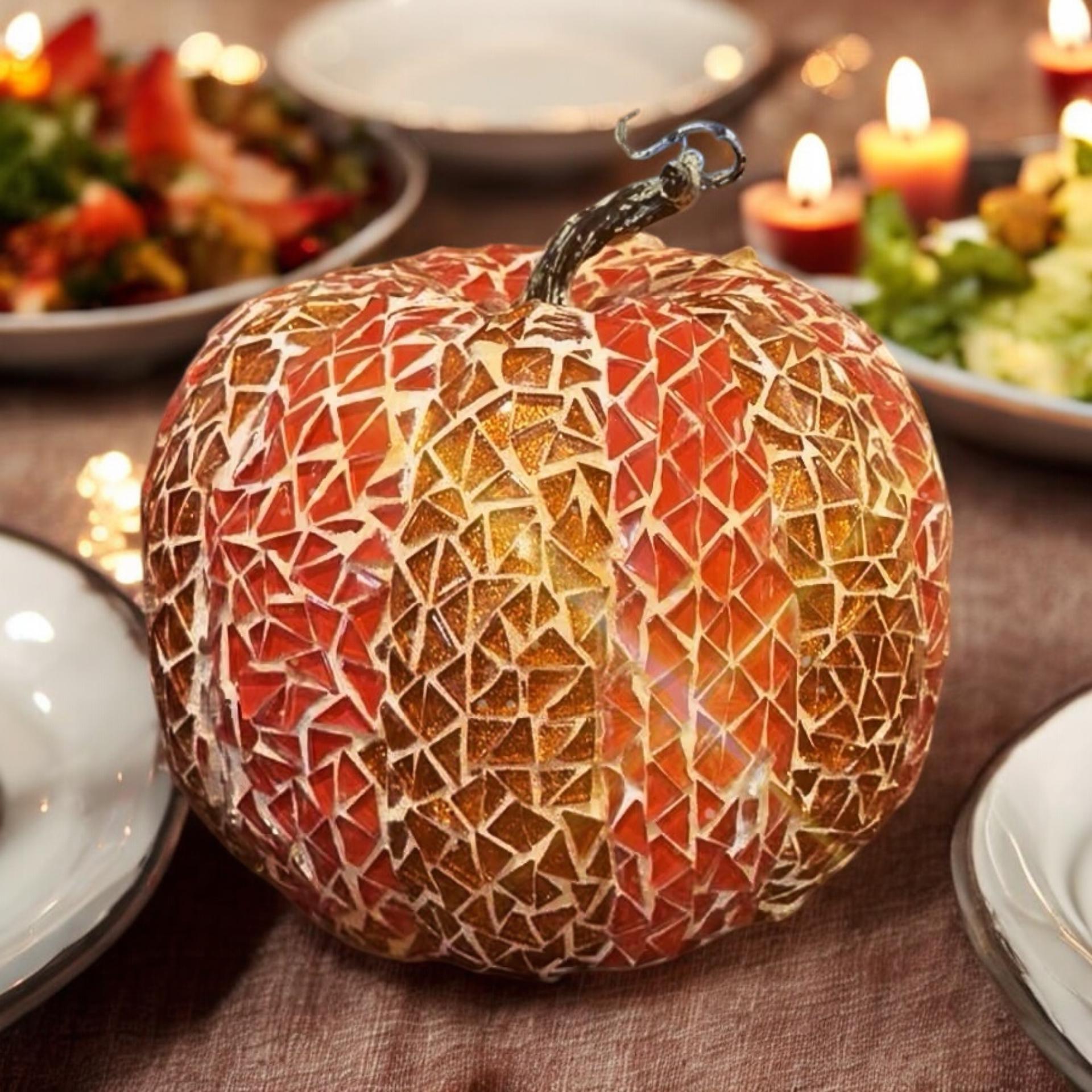 Decorative handmade fall pumpkin from My Store, featuring autumn-themed design with textured orange and green details.