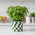 Modern green and white checkerboard mosaic herb planter with square shape and decorative design.