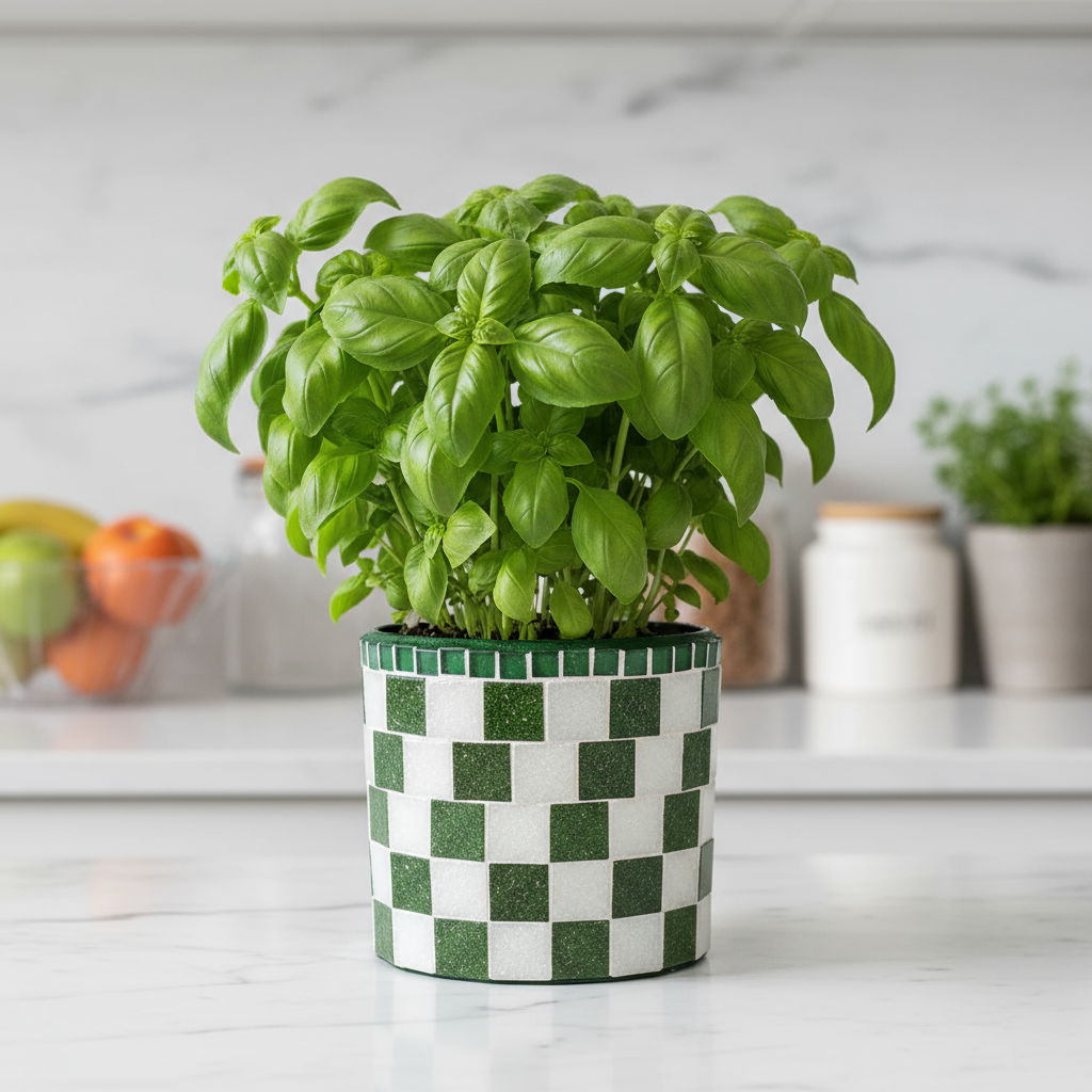 Modern green and white checkerboard mosaic herb planter with square shape and decorative design.
