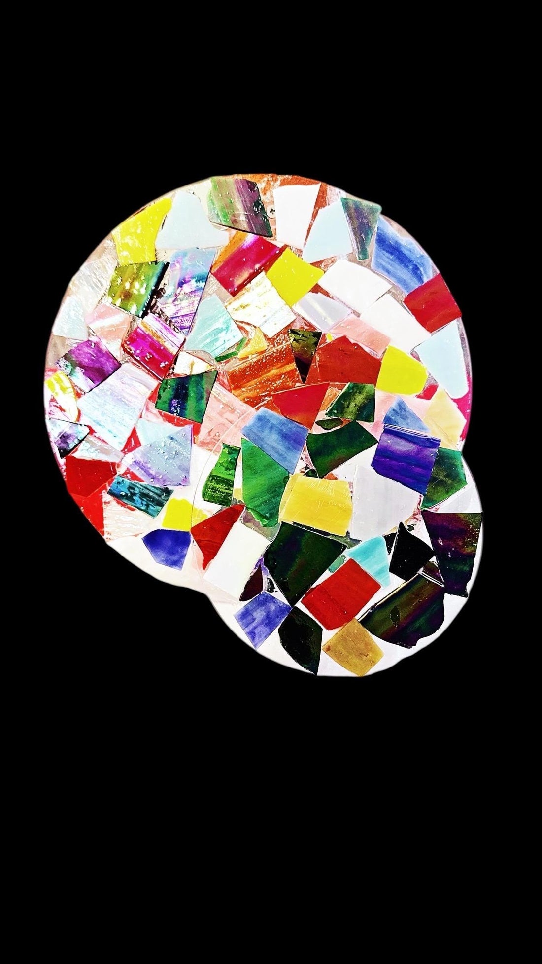Two-tier multicolored mosaic plant stand with metal frame, showcasing vibrant ceramic tile designs for indoor or outdoor use.