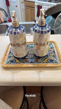 Handcrafted mother of pearl mosaic soap with intricate pearl inlay design, featuring a luxurious and elegant appearance.