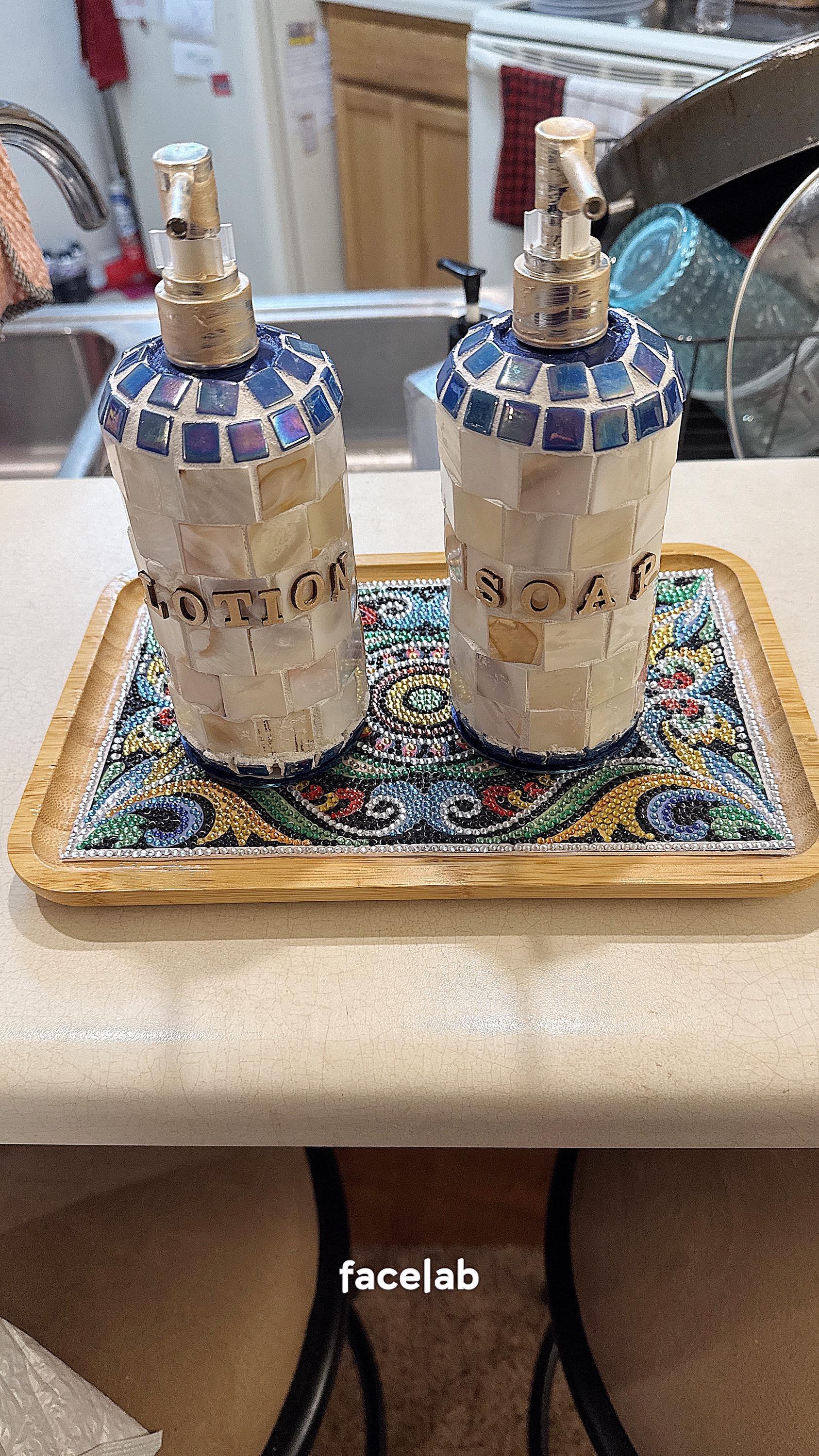 Handcrafted mother of pearl mosaic soap with intricate pearl inlay design, featuring a luxurious and elegant appearance.