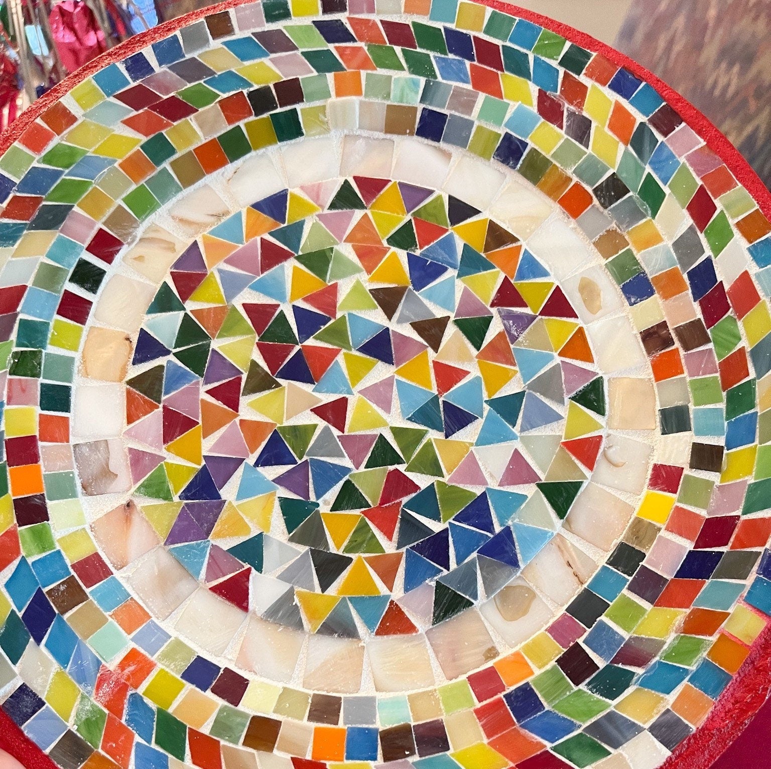 Colorful handcrafted mosaic fruit bowl with vibrant fruit patterns, made by My Store, displayed on a wooden table.