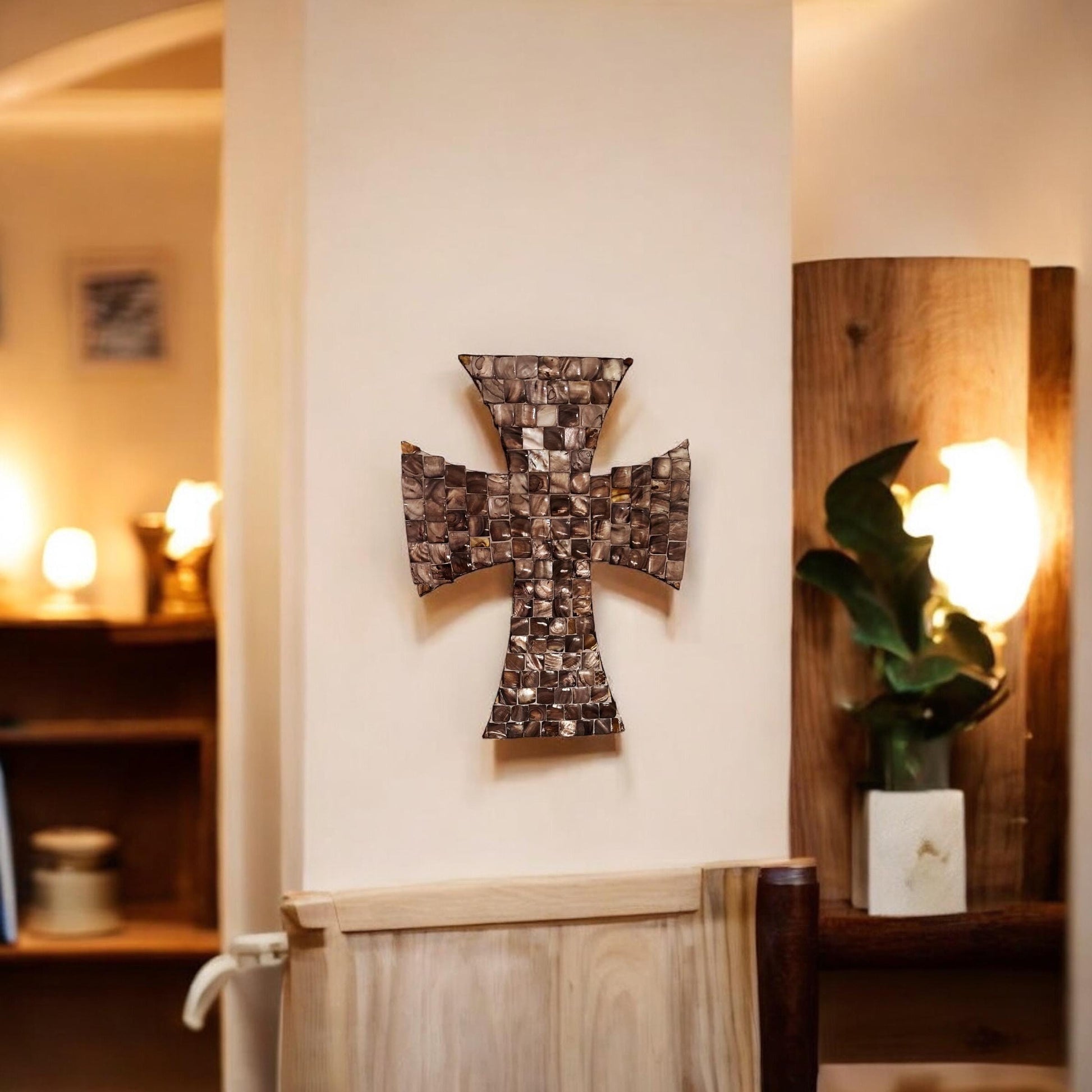 Mother of Pearl mosaic cross with intricate colorful inlay, crafted by My Store, decorative religious wall hanging.