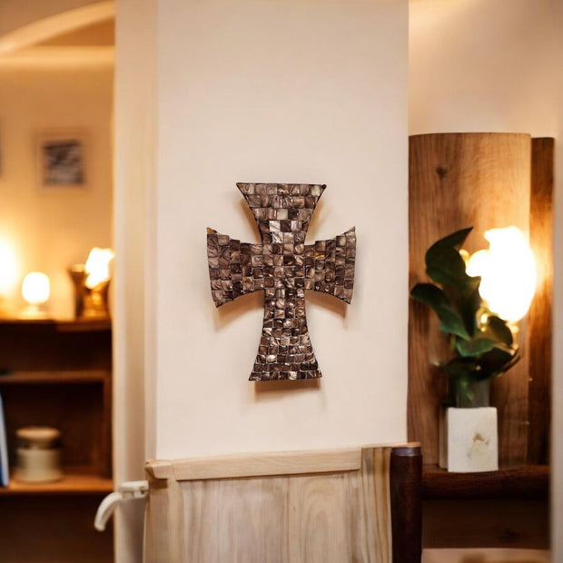 Mosaic Cross | Mother of Pearl Cross | Christian Cross Decor | Cross Wall Hanging | Decorative Cross Art | Brown Cross Art | Standing Cross