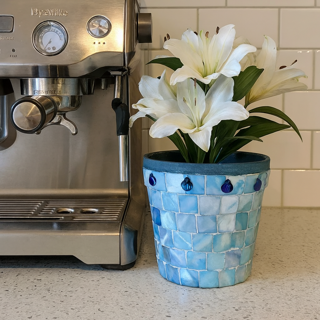 Turquoise mother of pearl flower pot with floral design, showcasing shiny, iridescent surface and decorative craftsmanship.