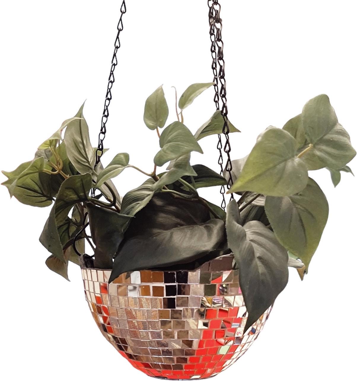 Hanging disco ball planter with artificial pink carnations, decorative floral display by Miss Bette's Creations