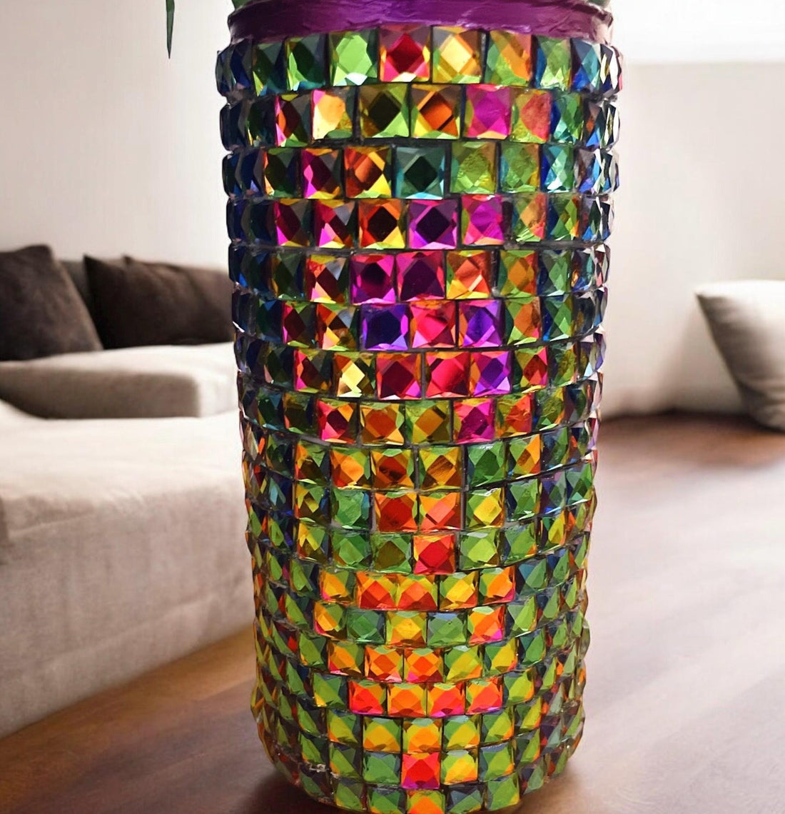 Prismatic rainbow mosaic cylindrical vase with colorful glass tiles, decorative home decor by My Store