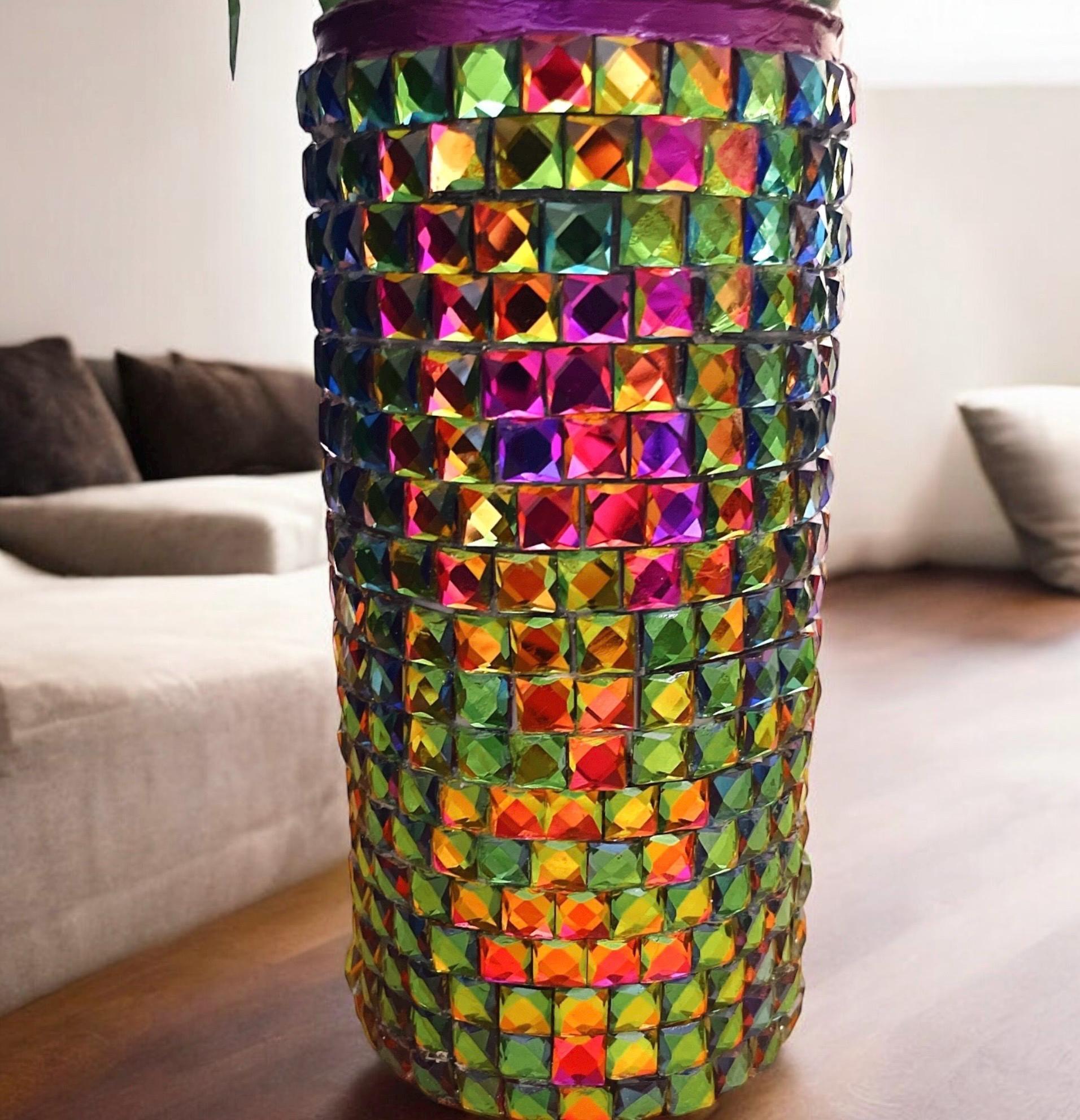 Prismatic rainbow mosaic cylindrical vase with colorful glass tiles, decorative home decor from My Store.