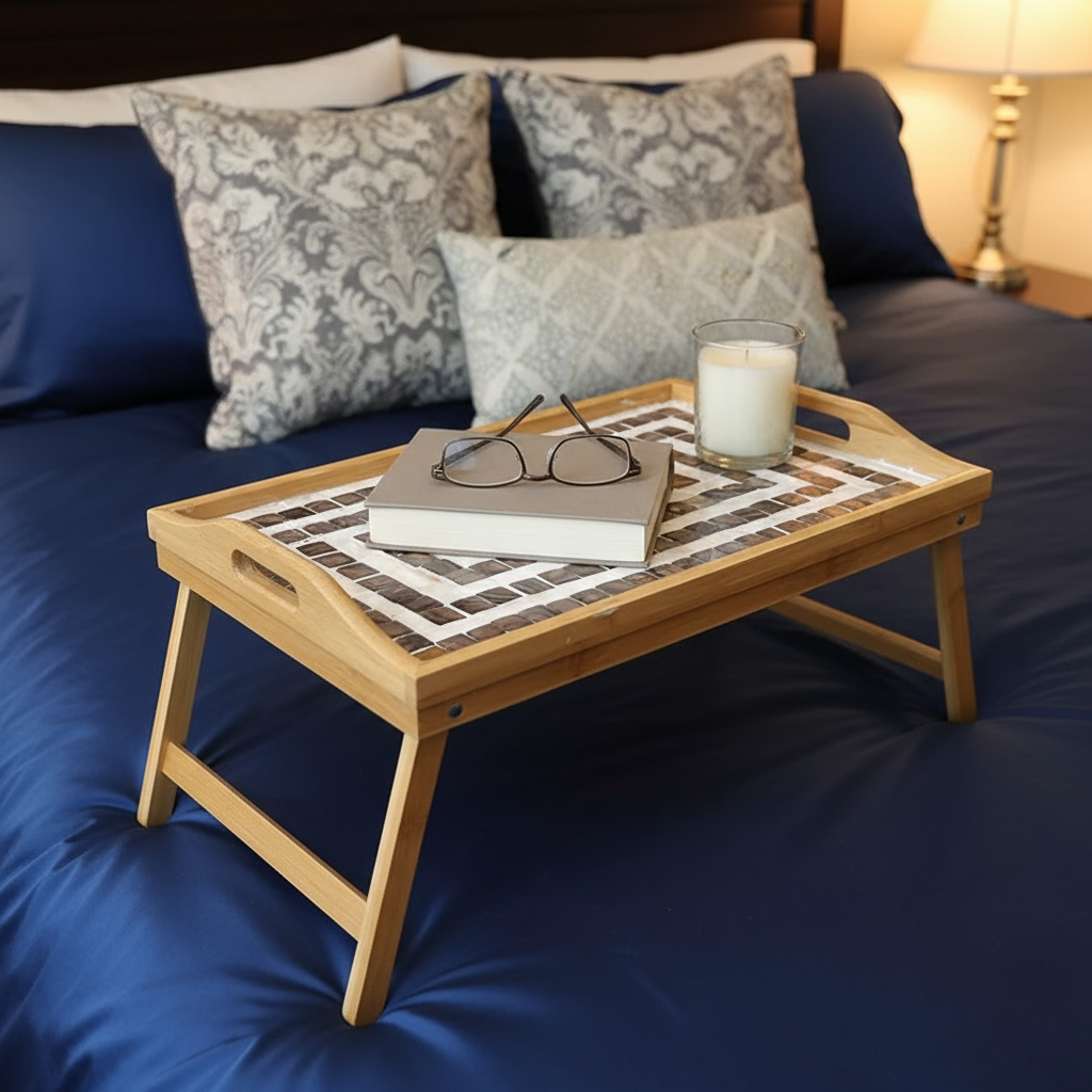 Rustic bamboo bed tray with stone mosaic inlay, ideal for breakfast or serving, showcasing natural wood and decorative mosaic details.