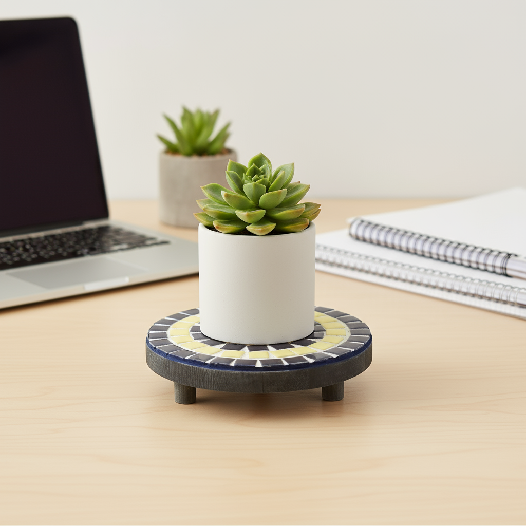 Handmade cobalt blue and yellow mosaic plant stand with intricate tile design and sturdy metal frame.