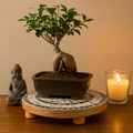 Handcrafted wooden mosaic plant stand with colorful tile patterns from Miss Bette's Creations.